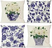 PANDICORN Chinoiserie Pillow Covers 20x20 Inch Blue and White Grand Millenial Outdoor Floral Vase Porcelain Decorations Decorative Throw Pillows Cases Cushion Covers Set of 4 for Home Room Couch Decor