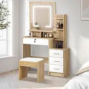 Oikiture Dressing Table with Mirror Lighted Makeup Mirror with Shelf and Storage Cabinet Dressing Table with Stool Wood