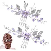 2PCS Leaf Hair Combs, Purple Rhinestone Hair Comb Clips, Hair purple,silver