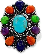 [JewelryWeb] 925 Sterling Silver Oxidized Oval Multi Stone Flower Ring Has Blue Simulated Turquoise Center is 10mm X 7.5mm Green Purple Simulated Band Style-Ring for Women