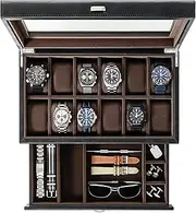 TAWBURY 12 Slot Watch Box with Drawer – Designed in Australia | Black Vegan Leather Watch Case | 12 Watch Box for Men | Mens Watch Box | Watchbox | Mens Watch Storage Box