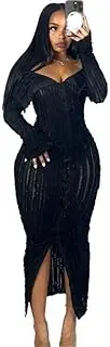 [Generic] Sexy Button Down Dress for Women Long Sleeve Off Shoulder See Through Bodycon Maxi Dresses for Club Night Out