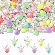 [KitBeads] 100Pcs Random Heart Angel Charms Acrylic Fairy Charms Macaron Color Angel Wing Charms for Bracelets Jewelry Making Necklaces Crafts Bulk, Acrylic Metal Glass, No Gemstone
