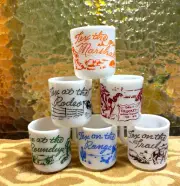 6x Complete Set Hazel Atlas Milk Glass Tex & Davy Crockett Mugs - 1950s