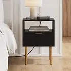 Nightstand with Charging Station,Mid-Century Modern Bedside Table with B.black