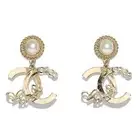 Chanel 22P Gold Crystal Pearl White CC Logo Large Dangle Drop Statement Earrings