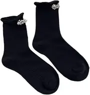 Esdlajks Socks Girl Mid Tube Socks Handmade Pearl Accessories Lolita JK Calf Socks Black (Color : Black, Size : One Size)