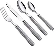[Exzact] Stainless Steel Cutlery Set, 24 Pieces with Gingham Check Handles, Includes 6 Forks, 6 Dinner Knives, 6 Table Spoons, 6 Tea Spoons