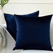 Encasa Christmas New Year Velvet Cushion Covers 2pc Set (50 x 50 cm) - Navy Blue Solid Plain Dyed, Soft & Smooth, Washable, Square Decorative Large Throw Pillow Case for Couch, Sofa, Chair, Bed