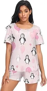 [RPLIFE] Cute Penguins Balloons Pink Woman Pajama, Pajamas for Women Set Summer, Cute Penguins Balloons Pink, Large