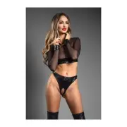 Fantasy Lingerie Domina 2pc Set Black Sheer Mesh Crotchless Thong Clasp Cuffs
