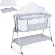 Baby Bassinet with Mattress, Bassinet Co Sleeper 3-in-1 Bedside Bassinets with 5 Adjustable Height, Baby Cot Cribs with Mosquito net and Carrying Bag, for 0-6 Months Babies(Gray)