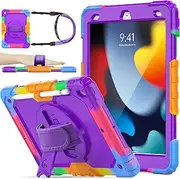 [SEYMAC stock] Case for iPad 9th/ 8th/ 7th Generation 10.2’’, Shockproof Case with Screen Protector Pencil Holder [360° Rotating Hand Strap] &Stand for iPad 10.2 inch 2021/2020/2019 (Camo+Purple)