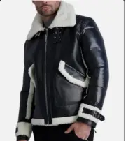 Karl Lagerfeld Paris Men's Faux Leather/Shearling Jacket-Black/White- large New