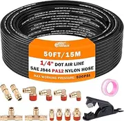 CheeMuii 12 Pcs 1/4 Brass DOT Air Fittings With 50 FT 1/4" DOT Air Line Kit 15 Meter Pneumatic Tubing with DOT Air Fittings for Semi Truck Trailer or Industrial Air System
