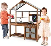 HONEY JOY Wooden Mud Kitchen, Outdoor Play Kitchen with Roof, Chalkboard, Stoves, Removable Sink and Kitchen Accessories, Pretend Kitchen Playset with Storage for Boys & Girls 3+ Years Old, Natural