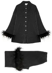 Sleeper Cosmos Feather-trimmed Metallic Pyjama set - Black M (UK12 / M)