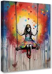 [Tucocoo] 1 Piece Canvas Wall Art Little Girl Swing Pictures Banksy Street Pop Art Painting Contemporary Artworks Love Home Decor for Living Room Wooden Frame Gallery Wrapped Ready to Use
