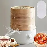 Electric Food Steamer, 3-Tier Intelligent Vegetable Bamboo Steamer with Stackable Steam Baskets and Cage Mat, 60 Minute Timer and Auto Shut-Off, 800W Fast Steam Pot Bamboo for Healthy Cooking