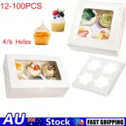12-100X Cupcake Box Cases 4/6 Hole Clear Window Cupcake Display Boxes Muffin Cup