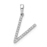 14K White Gold Real Diamond Letter V Initial Pendant