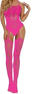 WINROLA Women's Mesh Lingerie Hot Pink Fishnet Baby Dolls Mini Dress Free Size Bodysuit See Through Shirts