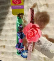 TWO Petsmart Pink Fluffy Flower Buckle + Aqua Blue Pink Cheeta BowTie Cat Collar