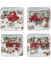 Certified International Red Truck Snowman Set Of 4 Dessert Plates