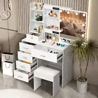 Modern Makeup Desk White Vanity Table Dressing Table + Stool with LED Mirror Set
