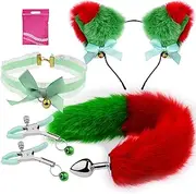 Fox Tail Butt Plug Furry Cat Headband Plush Tail Sex Green Lace Choker with Bell Faux Fur Anal Plug Cosplay Set Adjustable Nipple Clamp
