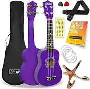 [3rd Avenue] Soprano Ukulele 21 Inch Beginner Pack Bundle – Bag, Stand, Strap, Strings, Picks and Fret Stickers – Purple with FREE 1 Month Online Lessons