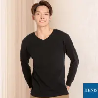 在飛比找Yahoo奇摩購物中心優惠-HENIS 保暖不悶熱 棉織韓系 V領長袖衫 (夜黑)