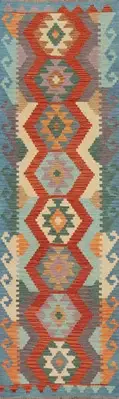 Reversible Flat-Weave Wool Kilim 10 ft Runner Nomad Rug Pastel Color Carpet 3x10