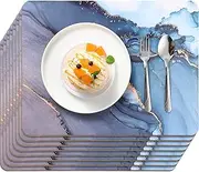 Singhoow Set of 8 Blue Heat Resistant Cork Placemats for Kitchen and Dining Tables 16 x 12'' Marble Style Hard Placemats Thick Cork Backed Easy Clean Table Mats