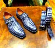 Handmade Men Premium Quality Gray Alligator Leather Single Monk Party Shoes