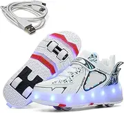 [NYKJBD] Kids LED Roller Skate Shoes with Double-Row Wheel USB Charge Light up Roller Shoes Outdoor Luminous Flash Technical Skateboarding Shoes Girls Boys,White-7.5BigKid