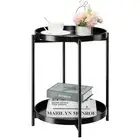 2-Tier Round Side Table, Metal End Table with Removable Tray, 2 tier 1 Black