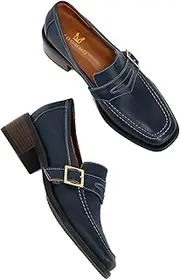 [MOOMMO] Women Classic Penny Loafers Closed Square Toe Patent Low Heel Loafers Slip On Metal Buckle 2" Chunky Heel Comfy Office Lady Vintage Dress Loafer Shoes Size 4-9 M US, Matte Navy Blue, 8.5