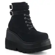 Demonia SHAKER-52 Wedge Platform Ankle Boot, Black Velvet, Size 11