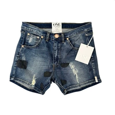 ONE Teaspoon Jean Shorts Womens 26 Blue Medium Wash Hustler Drop Crotch Paint