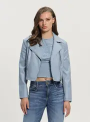 GUESS Women's Blue Clemence Faux-Leather Jacket Size: Small, Faux Leather