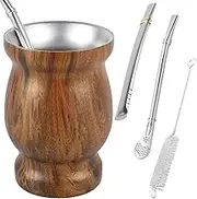 HSHGZSR Mate Tea Cup Set with Straw Spoon Straw Brush Stainless Steel Insulated Yerba Mate Teacup Water Mate Cup Flat Straw and Lid Yerba Mate Gourd Cup for Mate Tea Coffee (Wood Grain)