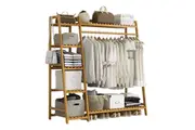 Portable Clothes Rack Coat Garment Stand Bamboo Rail Hanger Airer Closet