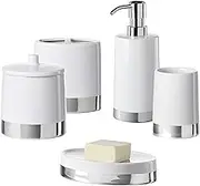 Motifeur Bathroom Accessories Set, 5-Piece Ceramic Bath Accessory Complete Set with Lotion Dispenser/Soap Pump, Cotton Jar, Soap Dish, Tumbler and Toothbrush Holder (White and Silver)