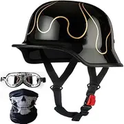 German Motorcycle Half Helmet Face Helmet, DOT Approved Cap Half Shell Helmet+Goggles Retro Open-Face Helmet with Adjustable Quick Release Buckle for Cruiser Scooter Moped Chopper Jet Helmet