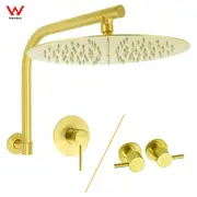 WELS Brushed Gold 12" Rainfall Shower Head 360?? Swivel Gooseneck Arm Round Set