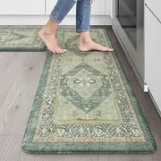 Sungea Green Kitchen Mats for Floor,Anti Fatigue Kitchen Floor Mat Non Slip Cushioned,Distressed Ergonomic Waterproof Comfort Standing Desk Mat for Home Office Sink Farmhouse(2 Piece)