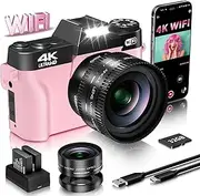VJIANGER 4K Vlogging Camera for YouTube 56MP Digital Camera for Photography and Video with 180°Flip Screen, 16X Digital Zoom, 52mm Wide Angle & Macro Lens, 32GB Micro SD Card, 2 Batteries(Pink)