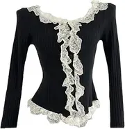 [Generic] Women 2 Piece Set Sexy Lace Patchwork Knitted Basic Tops+High Waist Wide Leg Blazer Trousers Suits