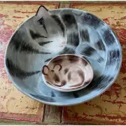 VINTAGE Popular Gray Black Tabby Stripe Cat Kitten Chip & Dip Mouse Party Dish